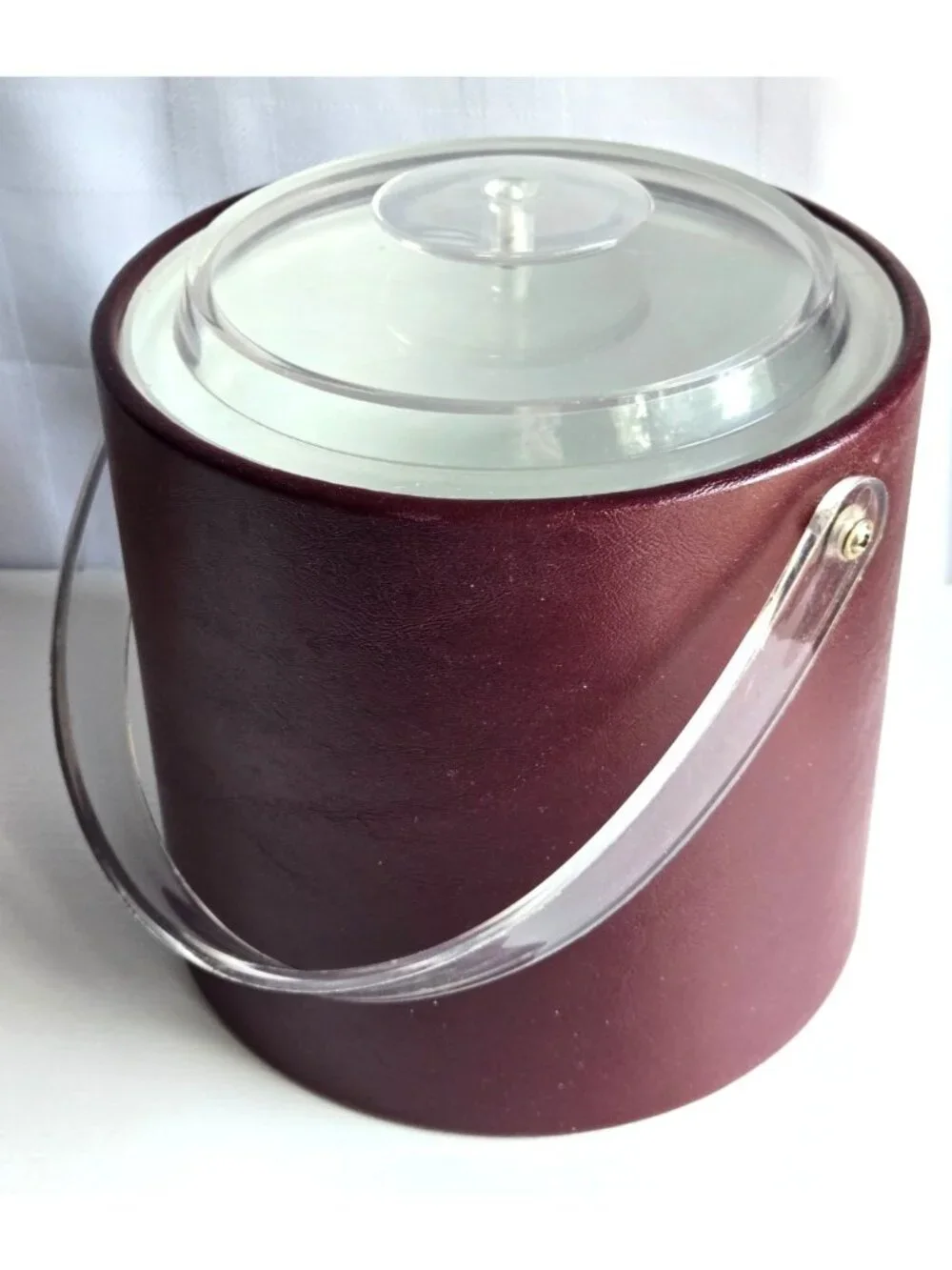 Georges Briard Red Faux Leather Ice Bucket Clear Acrylic Lid and Handle U.S.A.